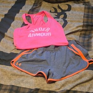 Under Armour Hot Pink Racerback Tank with Charcoal Shorts and Neon Orange Trim